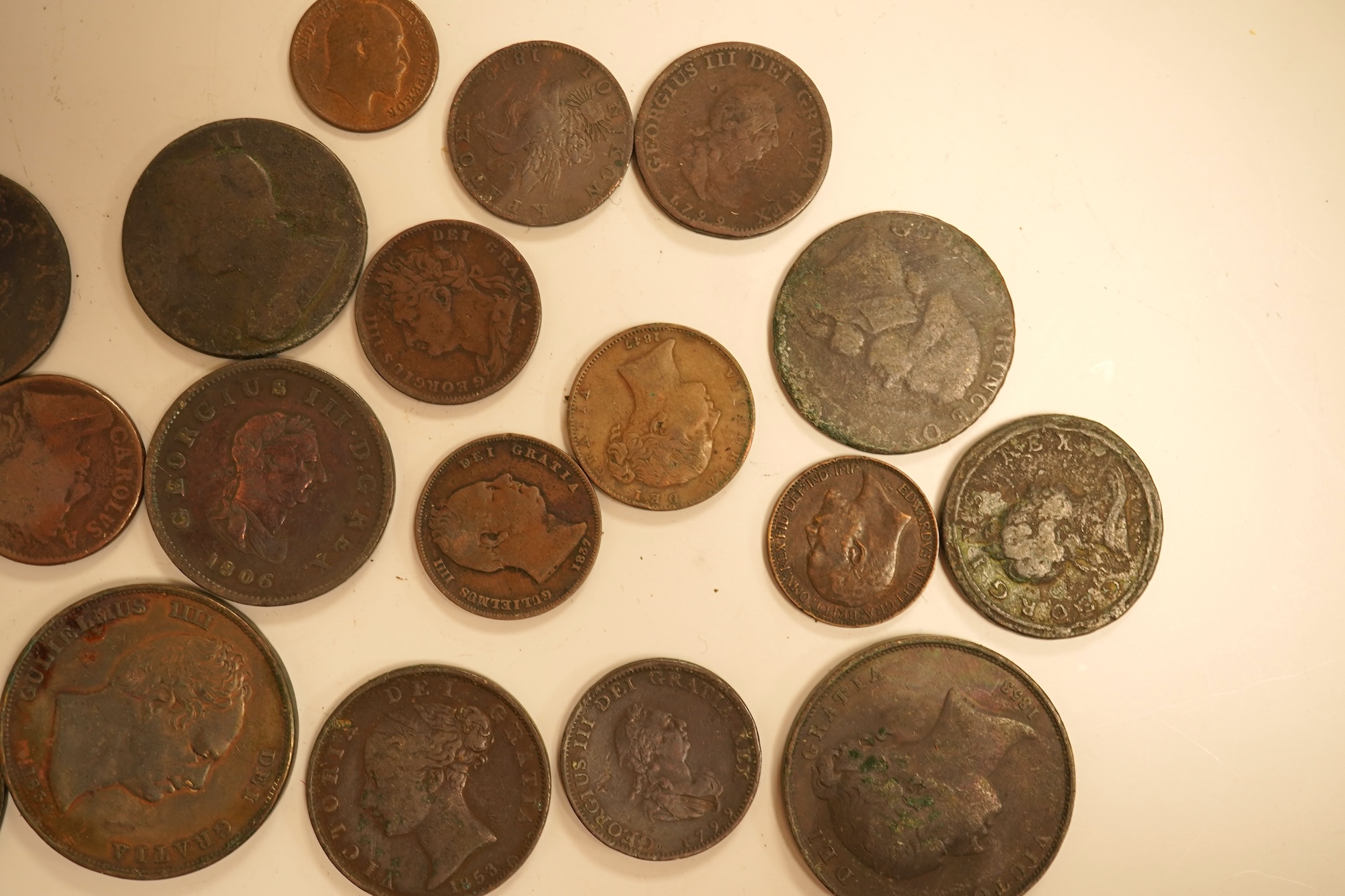 Twenty three copper coins including a William IV penny